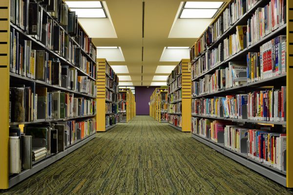 Rows of library bookshelves